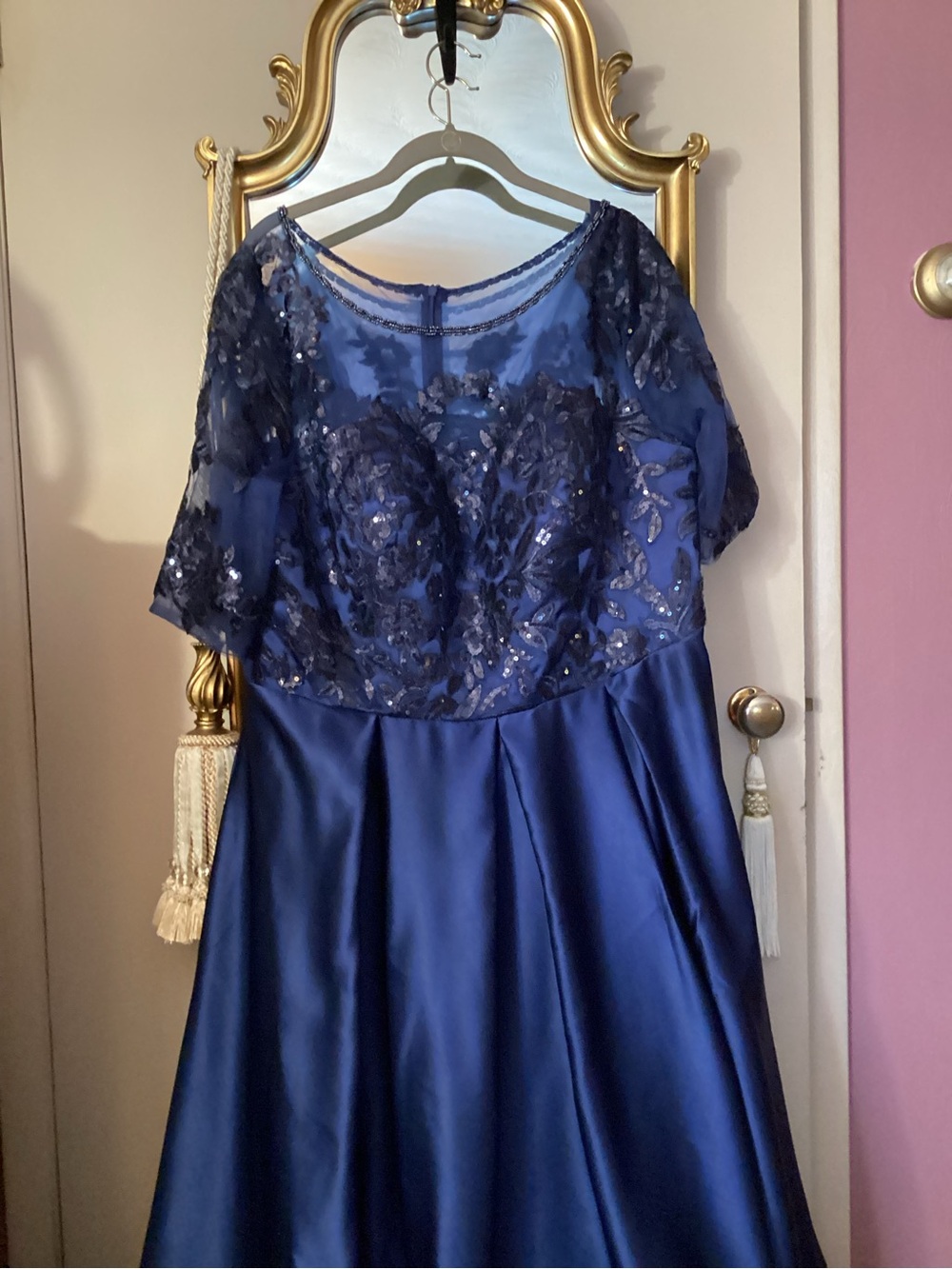 Mother of the bride or groom  Navy Blue Sequin Illusion Bodice Dress